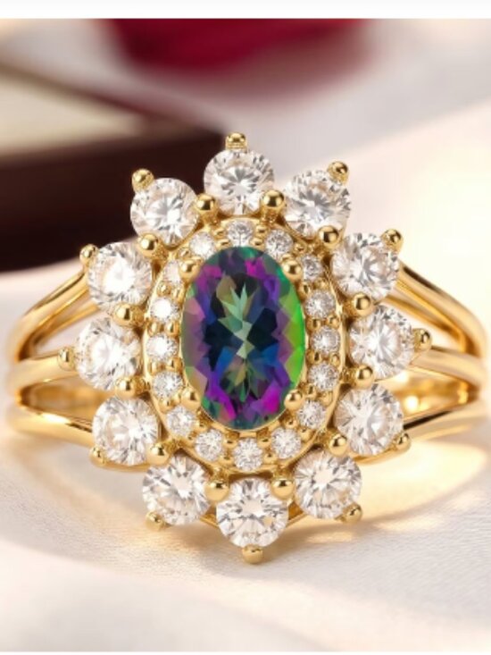 Jewelry - Mystic Topaz/Simulated Diamond Ring in 14K YG Over Sterling Silver